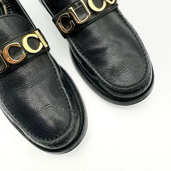 GUCCI Cara Signature Letters Logo Black Loafers Size 37.5 Leather Flat Shoes - Picture 5 of 14
